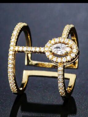 Gold Crystal Open Cuff Ring with Marquise Accent